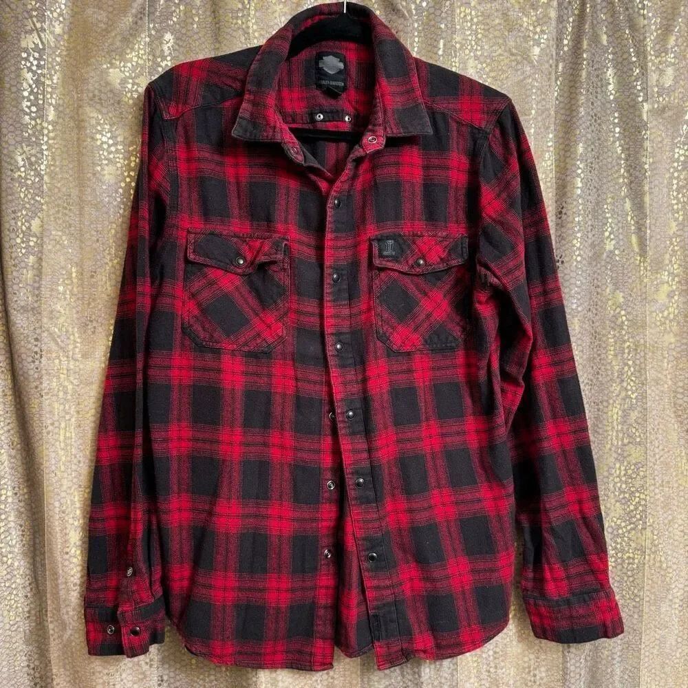 Harley Davidson Men's Red Black Plaid Snap Button Flannel Shirt Medium